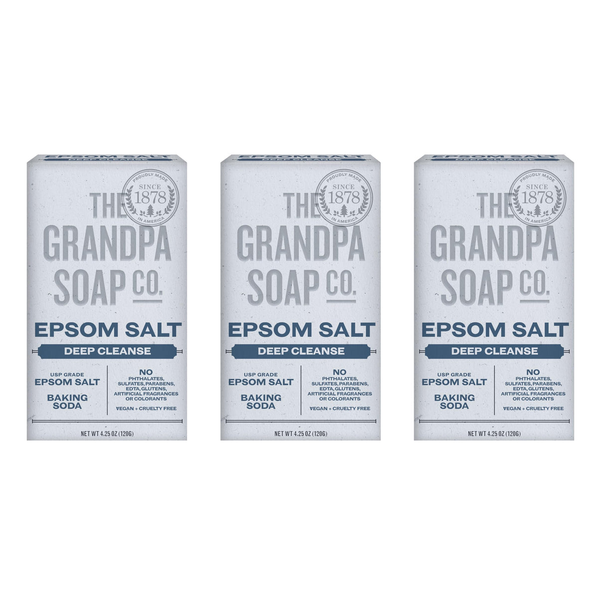 The Grandpa Soap Company Epsom Salt Bar Soap packaging label highlights vegan and cruelty-free choices.