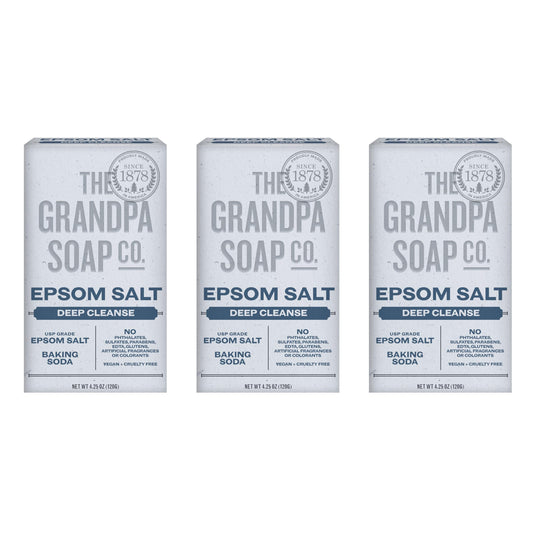 The Grandpa Soap Company Epsom Salt Bar Soap packaging label highlights vegan and cruelty-free choices.
