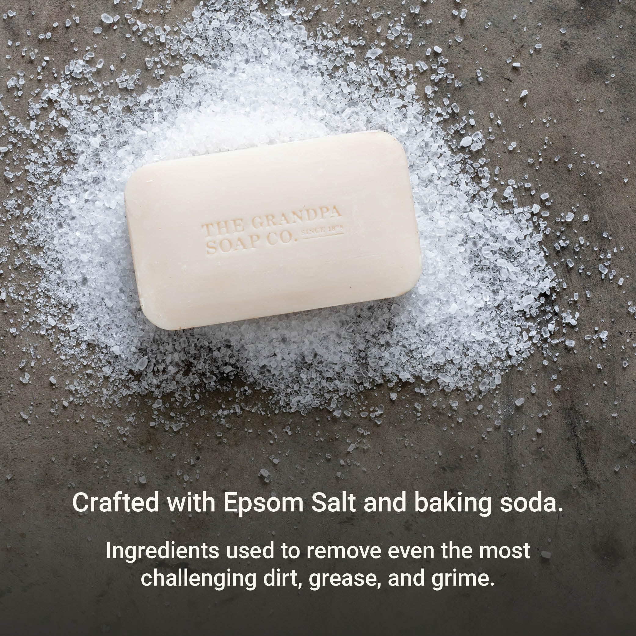 The Grandpa Soap Company Epsom Salt Bar Soap texture shows baking soda granules for gentle exfoliation.