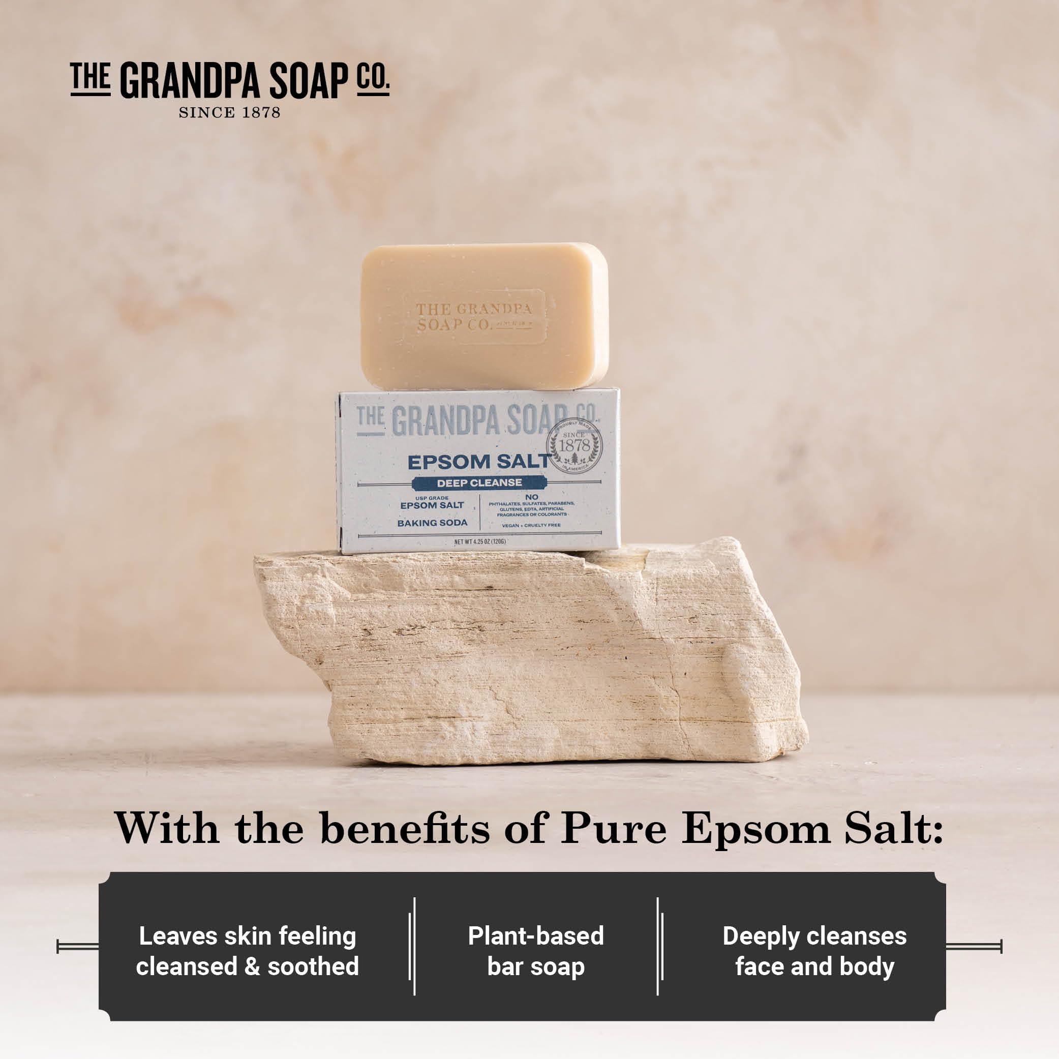 The Grandpa Soap Company Epsom Salt Bar Soap three-pack display offers convenient value.