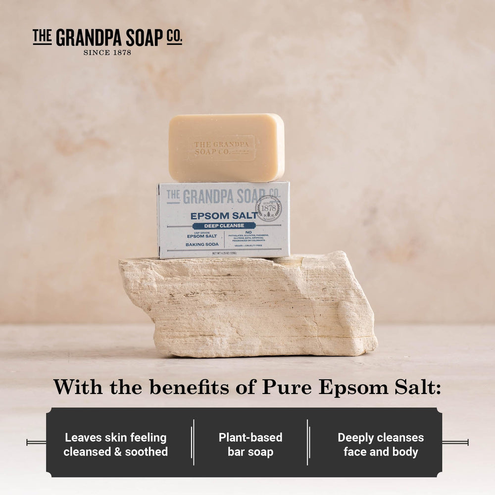 The Grandpa Soap Company Epsom Salt Bar Soap three-pack display offers convenient value.