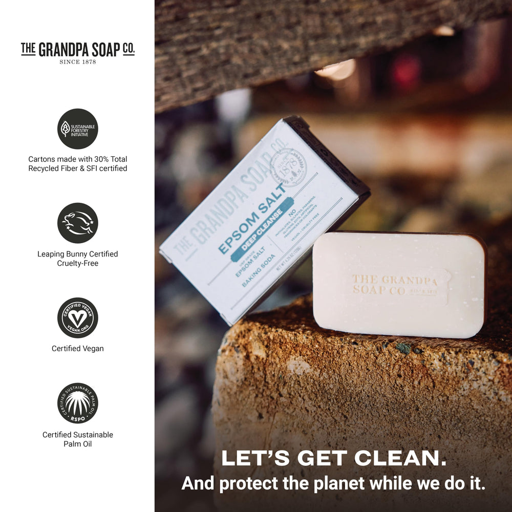 The Grandpa Soap Company Epsom Salt Bar Soap label features vegan and cruelty-free certifications.