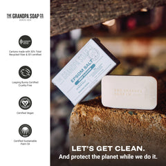 The Grandpa Soap Company Epsom Salt Bar Soap label features vegan and cruelty-free certifications.