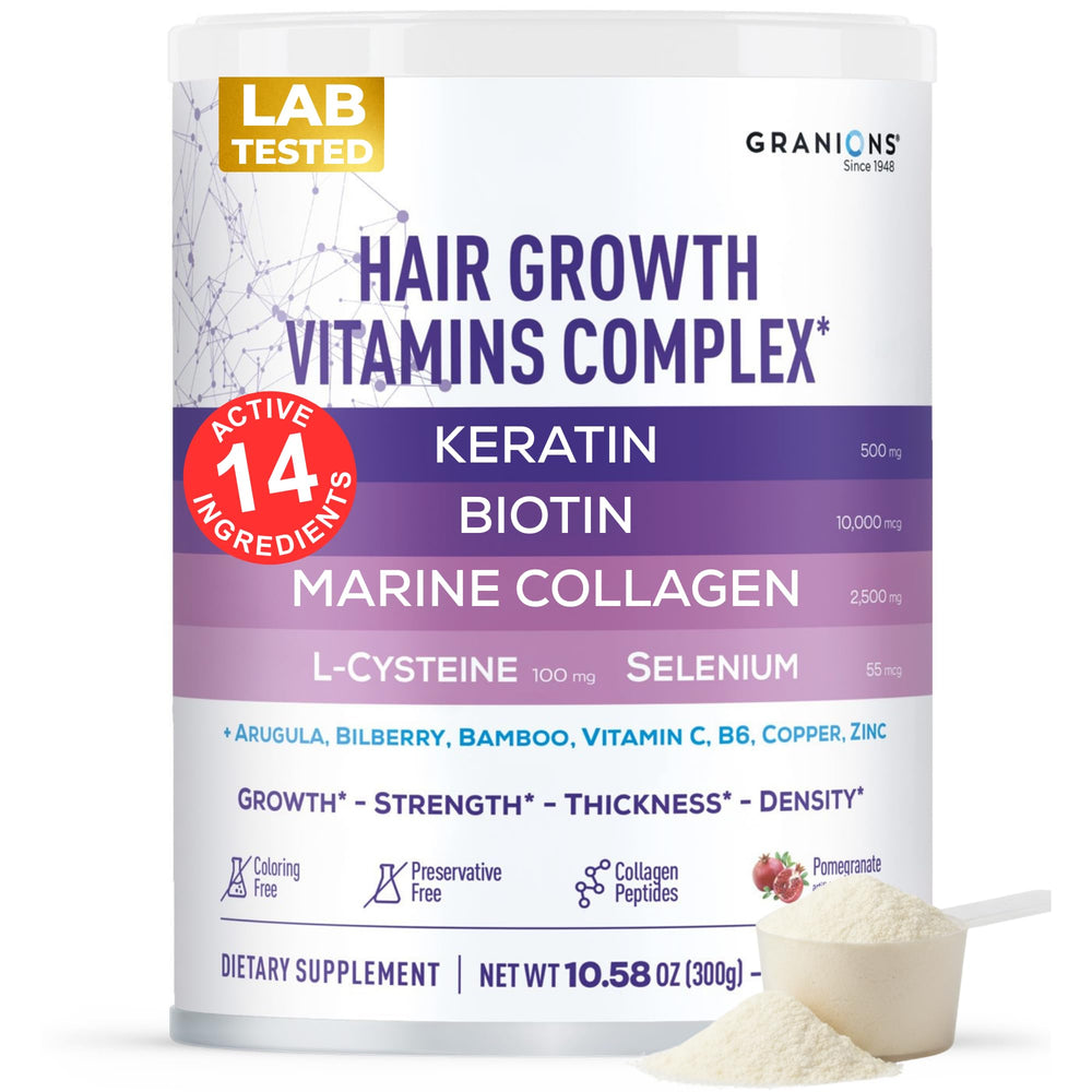 Granions hair supplements powder bottle shown for daily growth support