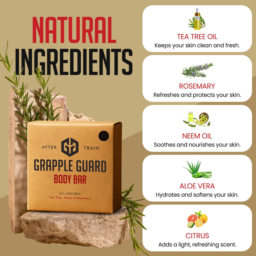 Grapple Guard Tea Tree Soap Bar with neem and rosemary boosts skin cleanliness naturally.