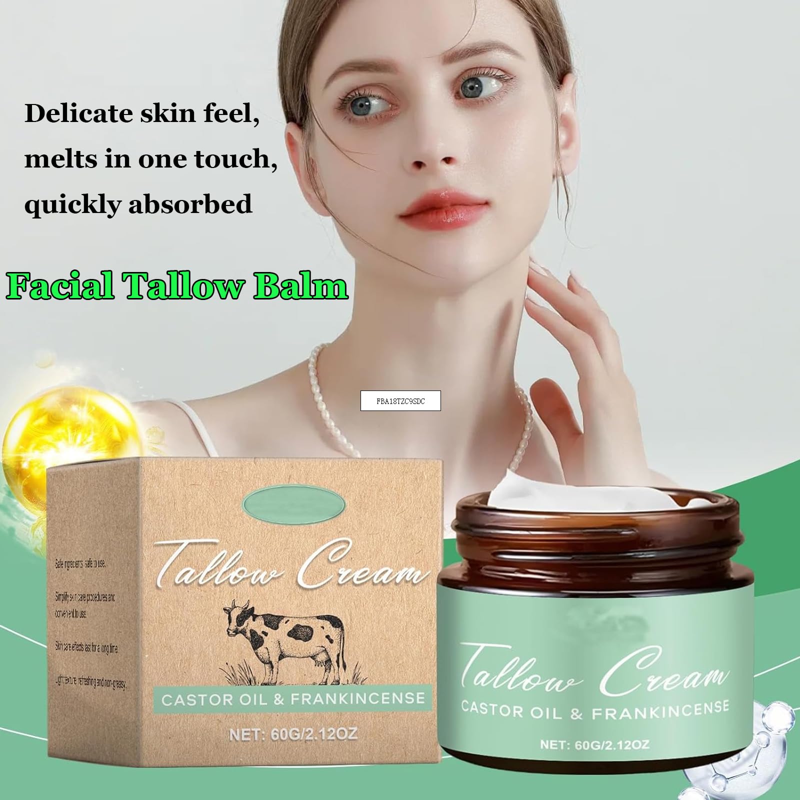 Grass-fed Beef Tallow Cream applied to face for hydration.