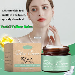 Grass-fed Beef Tallow Cream applied to face for hydration.