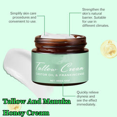 Castor oil bottle beside Grass-fed Beef Tallow Cream.
