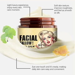 Grass-fed beef tallow facial balm applied on hand for quick hydration.