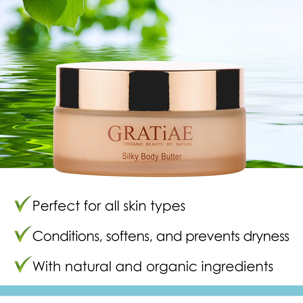 Gratiae silky body butter texture on skin showing quick absorption