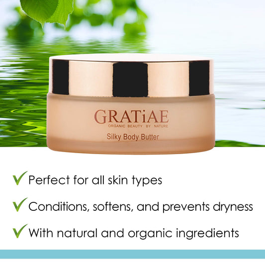 Gratiae silky body butter texture on skin showing quick absorption