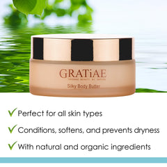 Gratiae silky body butter texture on skin showing quick absorption