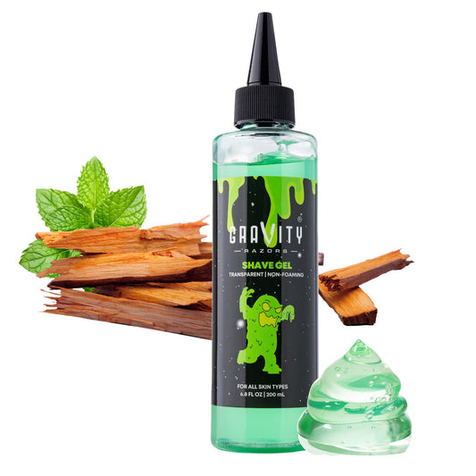 GRAVITY RAZORS non-foaming shave gel bottle for precise, clear-shave sessions.