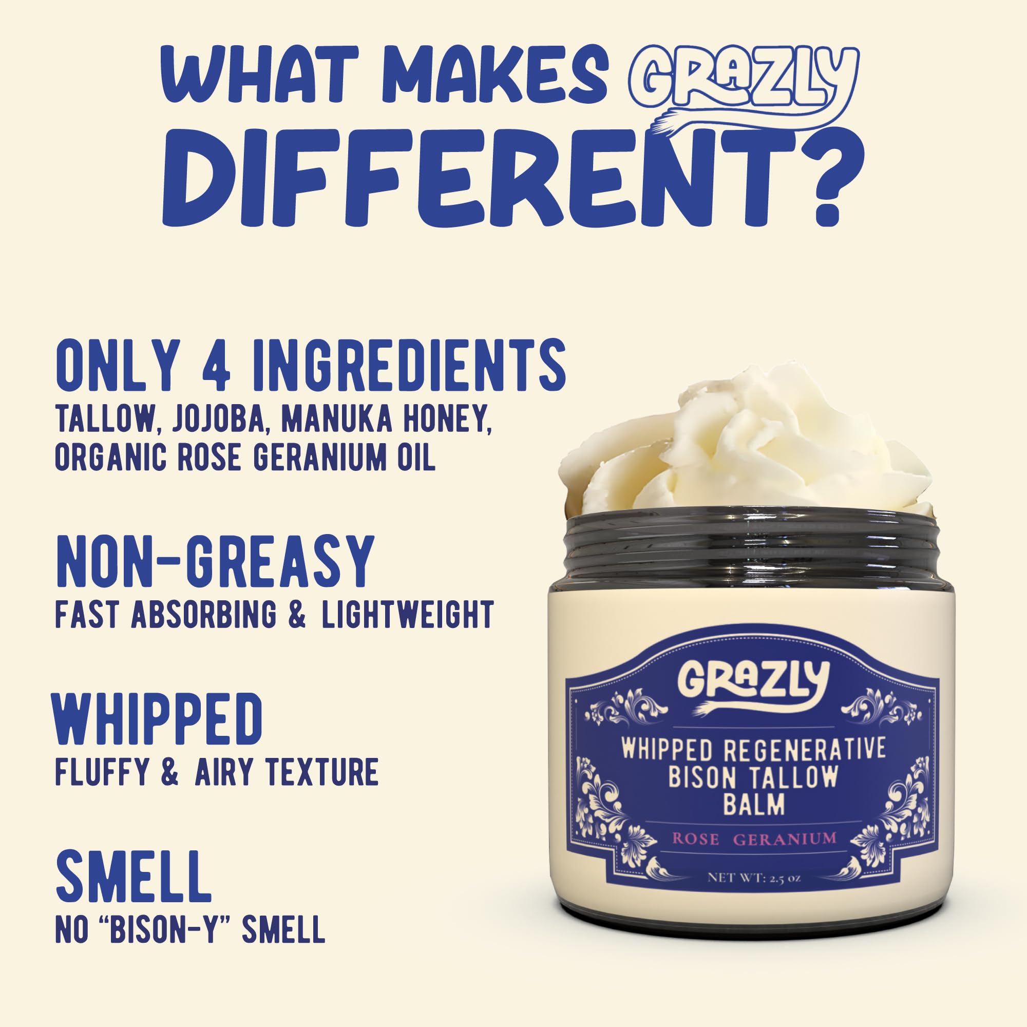Grazly Whipped Bison Tallow Balm texture showing fluffy and non-greasy hydration