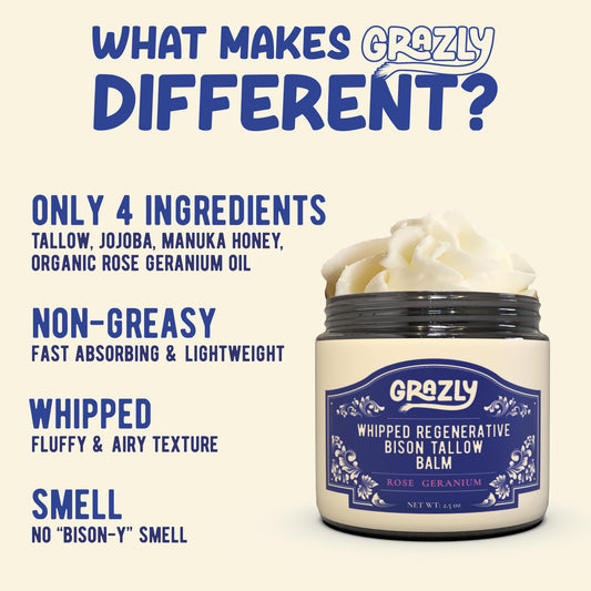 Grazly Whipped Bison Tallow Balm texture showing fluffy and non-greasy hydration
