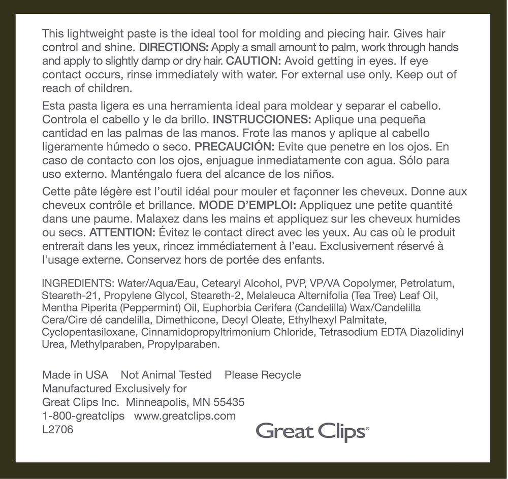 Great Clips Tea Tree Paste highlights tea tree and peppermint ingredients