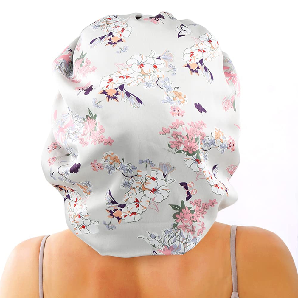 Model wearing the satin bonnet to protect long hair during sleep and daily activities