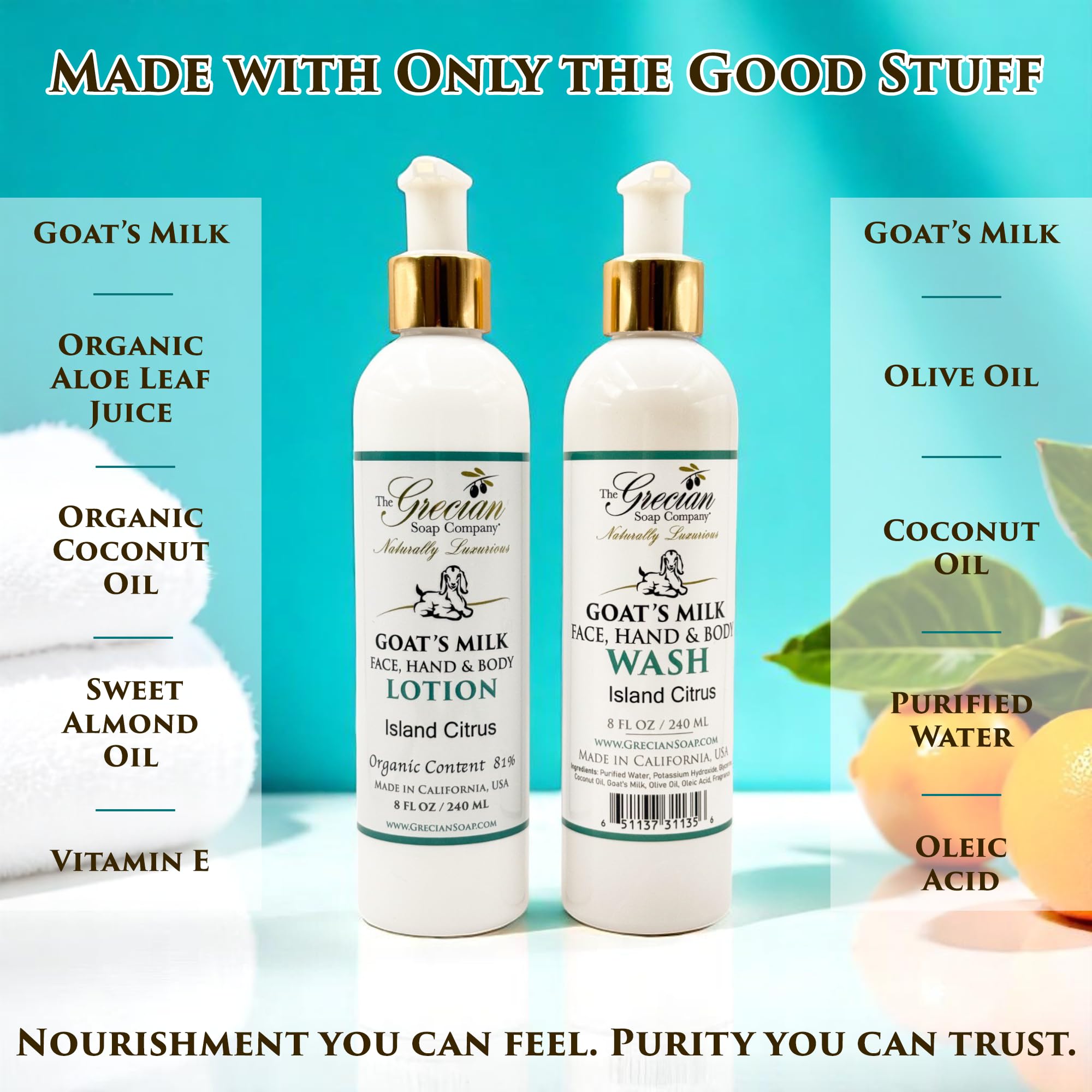 The Grecian Goat Milk Body Wash Island Citrus pump highlights gentle cleansing for all skin types.