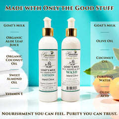 The Grecian Goat Milk Body Wash Island Citrus pump highlights gentle cleansing for all skin types.