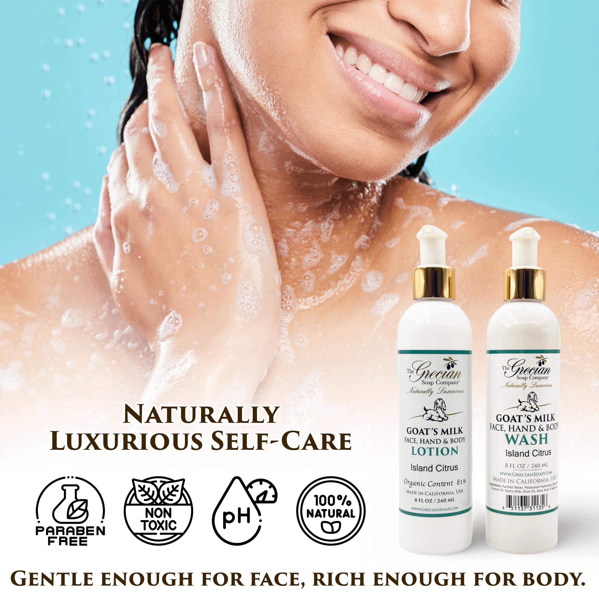 Grecian Goat Milk Lotion texture closeup shows creamy, fast-absorbing hydration.