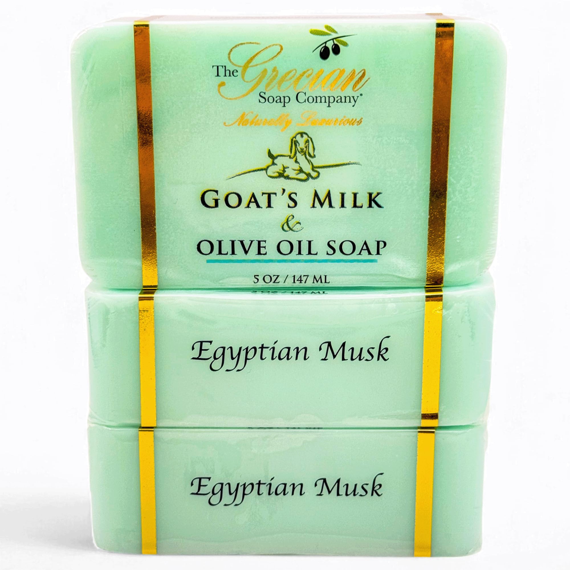 The Grecian Soap Company Egyptian Musk goat milk bar front pack view for everyday moisture