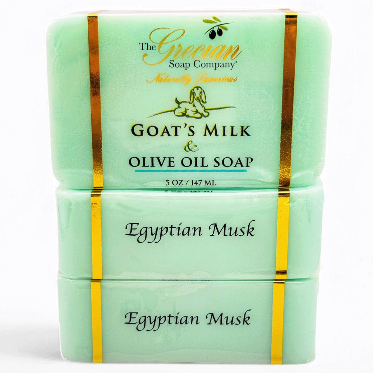 The Grecian Soap Company Egyptian Musk goat milk bar front pack view for everyday moisture