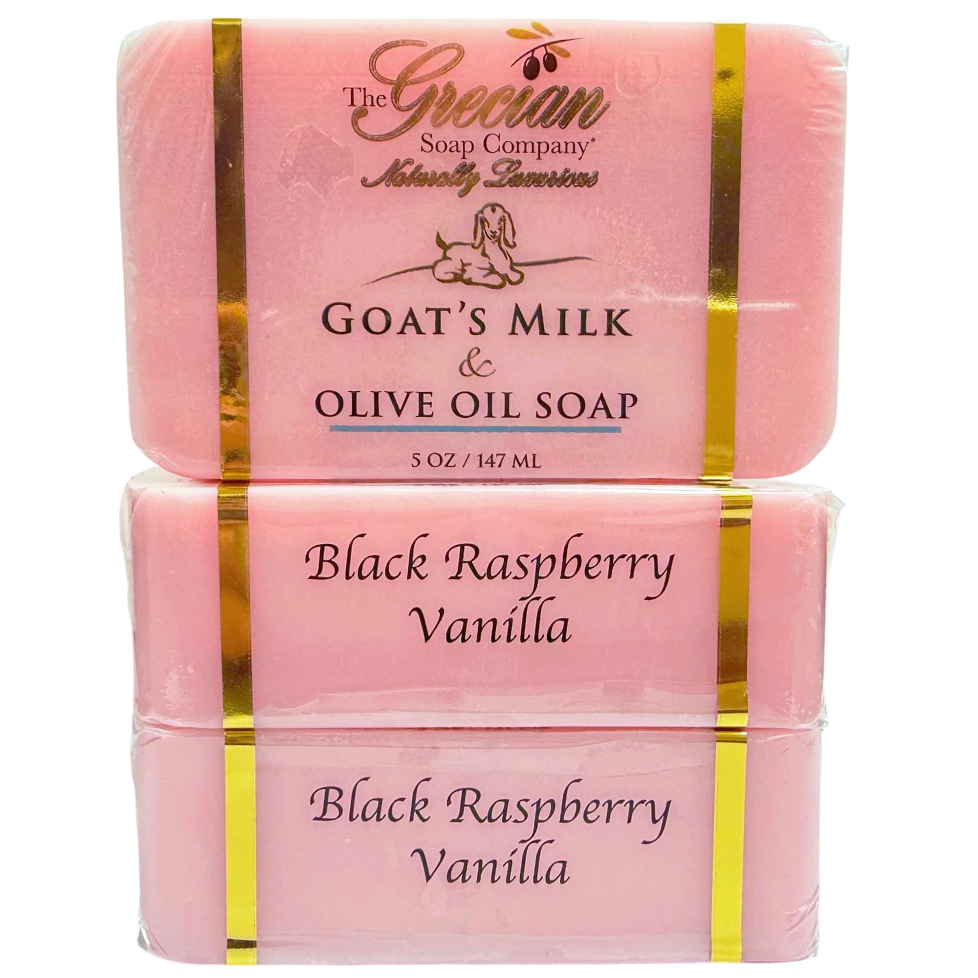 The Grecian Soap Company goat milk bar with black raspberry vanilla aroma for daily cleansing.