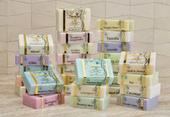 Grecian soap bar highlighting olive oil and goat milk for smooth, nourished skin.
