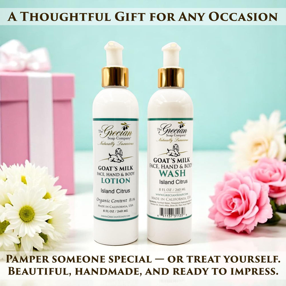 Grecian Island Citrus scented bottle on shelf conveys refreshing, uplifting shower ritual.