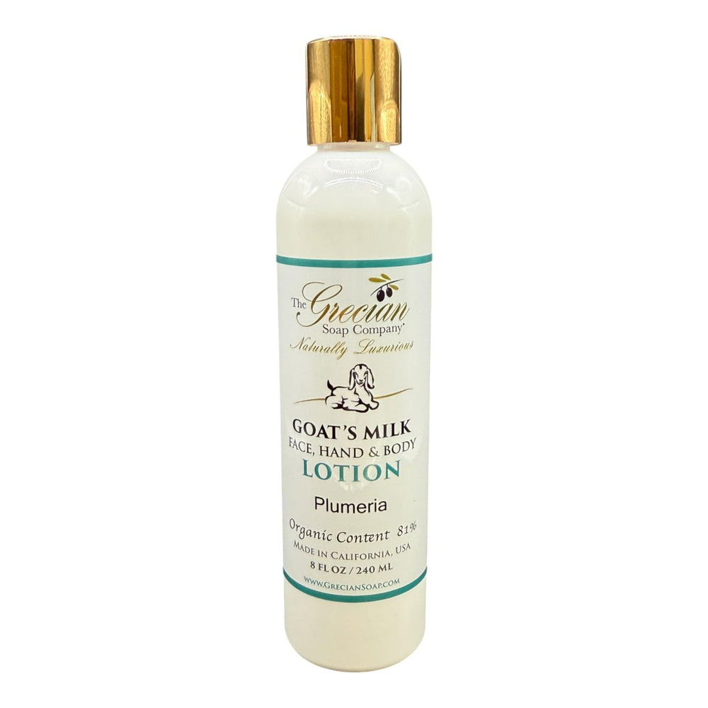 The Grecian Soap Company GM Lotion Plumeria bottle glows with moisturizer for daily skin comfort.