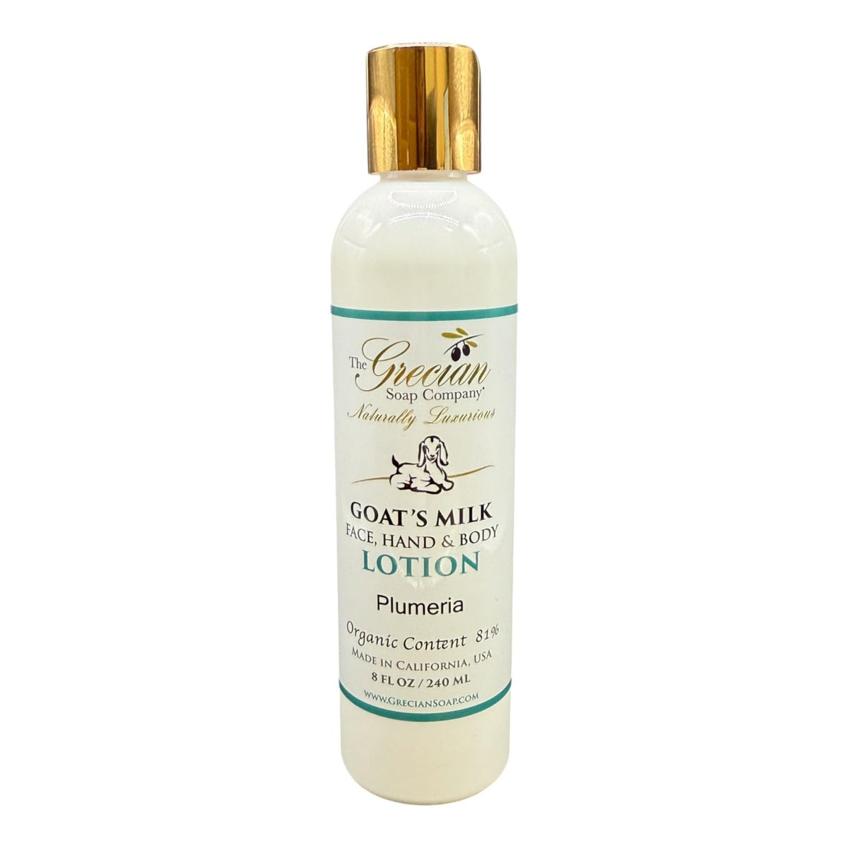 The Grecian Soap Company GM Lotion Plumeria bottle glows with moisturizer for daily skin comfort.