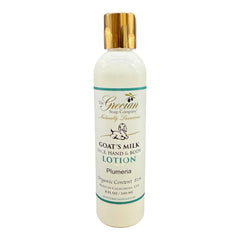 The Grecian Soap Company GM Lotion Plumeria bottle glows with moisturizer for daily skin comfort.