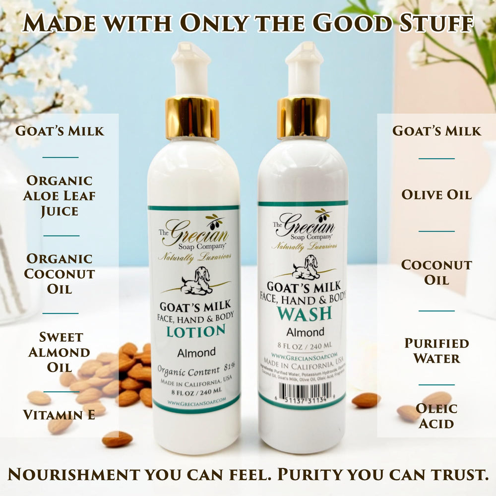 The Grecian Soap Company goat milk body wash almond 8oz bottle for gentle cleansing.