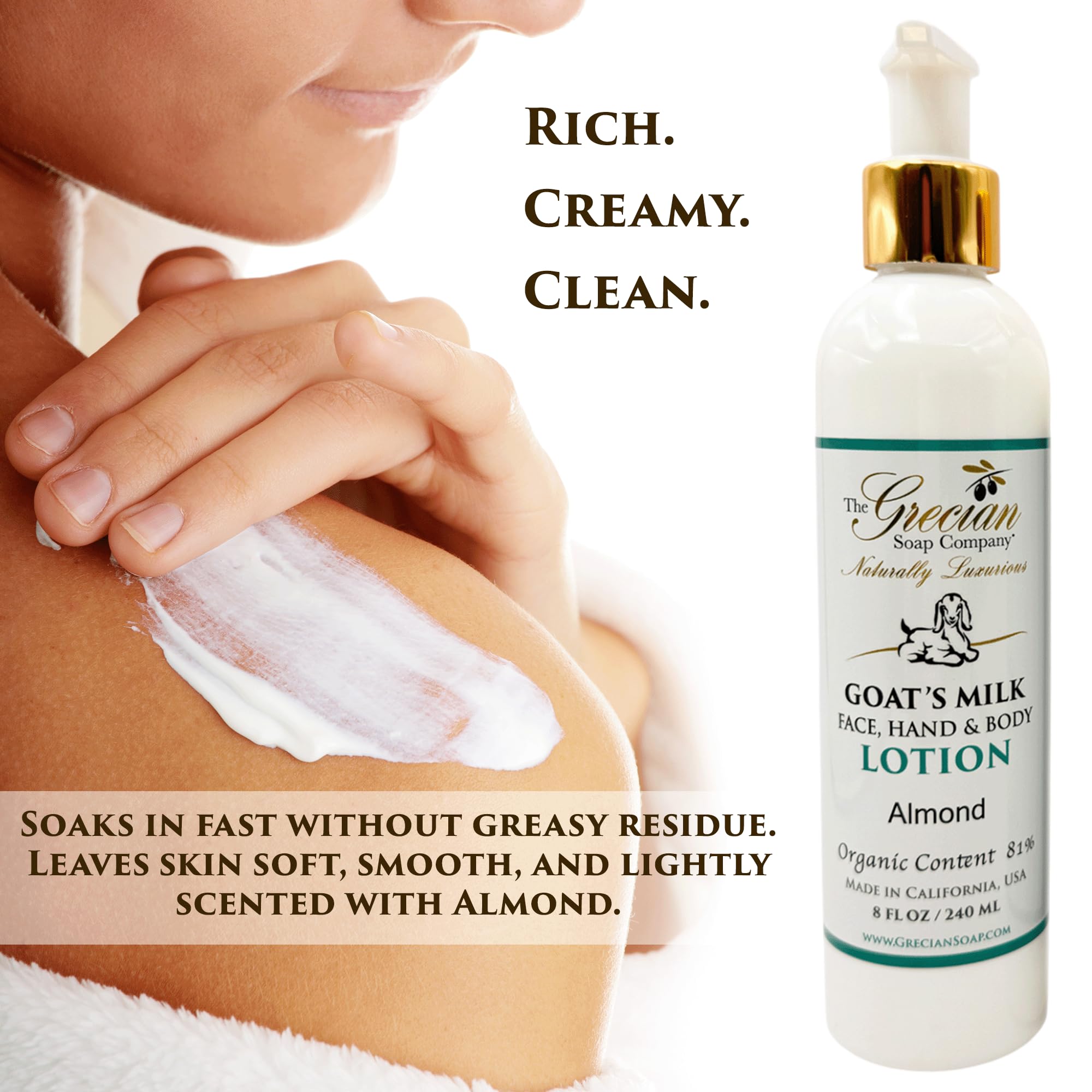 Goat milk body wash almond pump bottle with rich lather for hydration (The Grecian Soap Company).