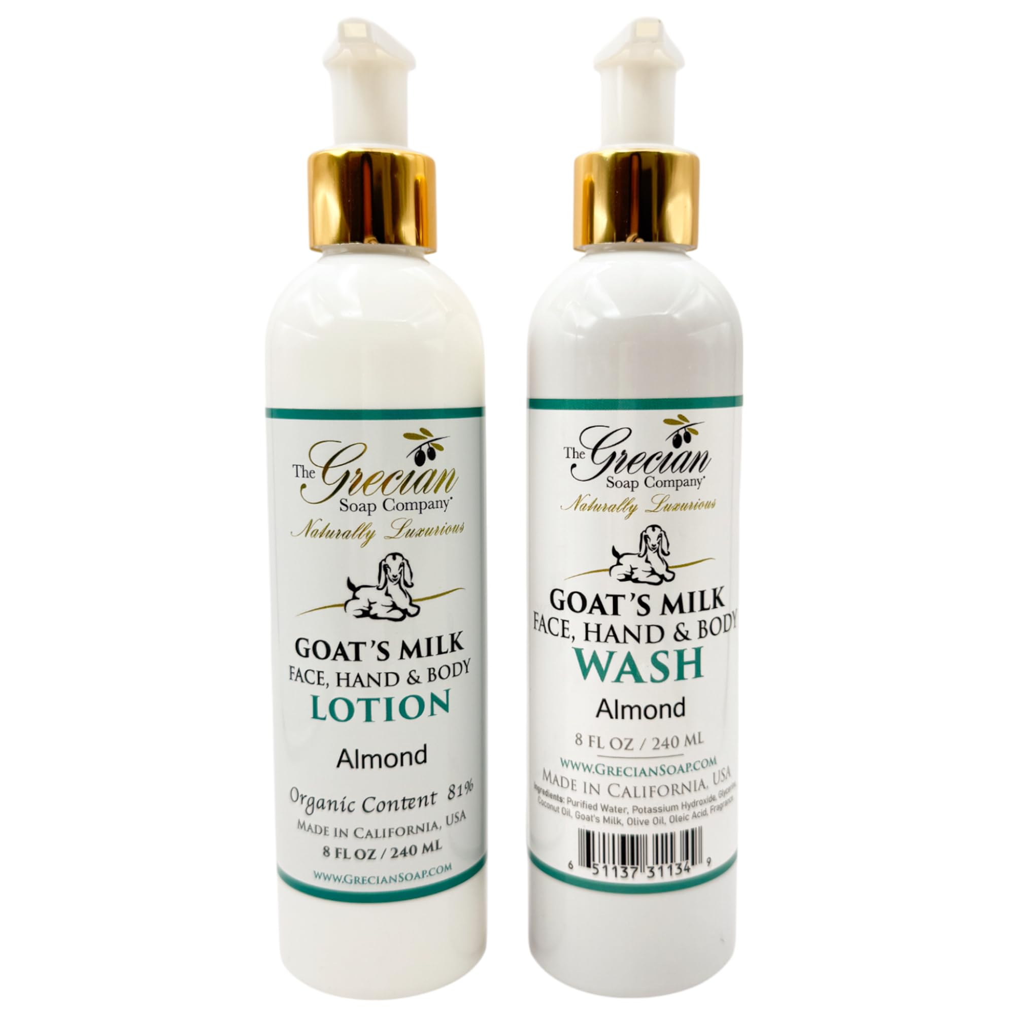 The Grecian Soap Company goat milk lotion almond 8oz bottle for daily hydration.