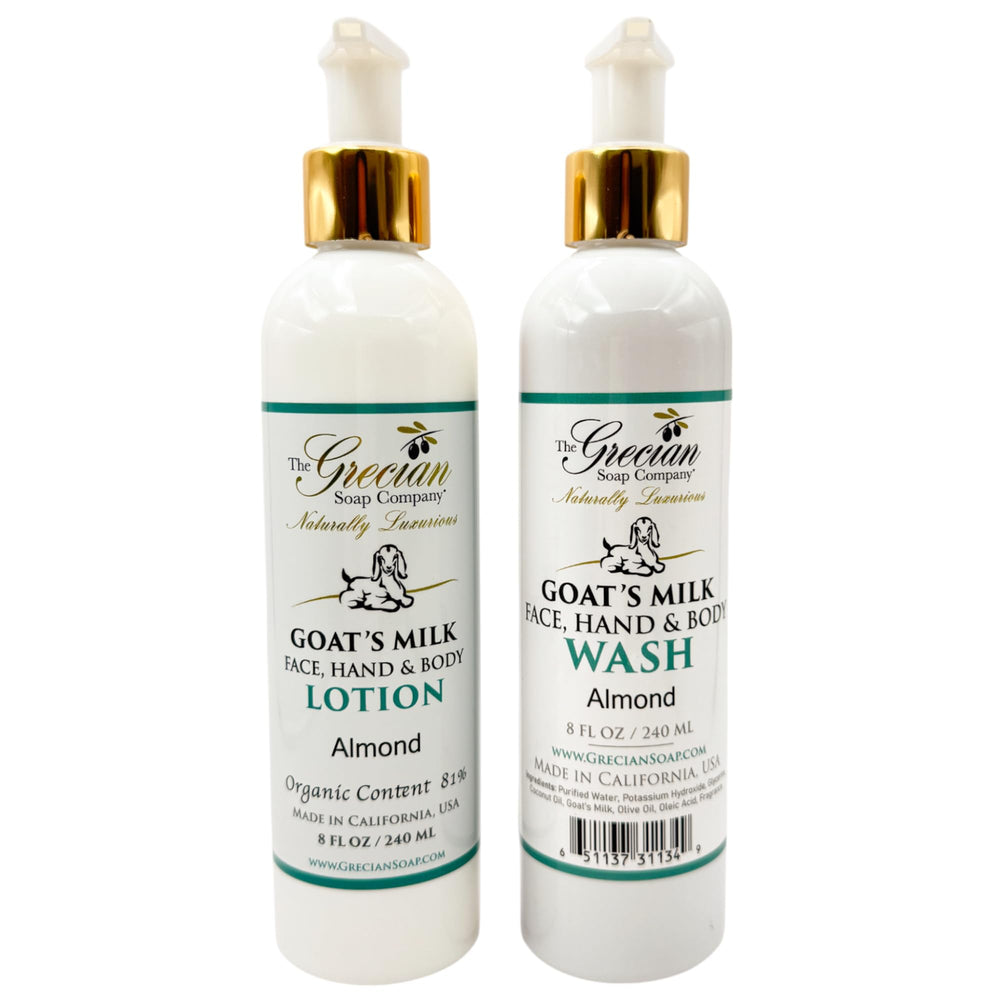 The Grecian Soap Company goat milk lotion almond 8oz bottle for daily hydration.