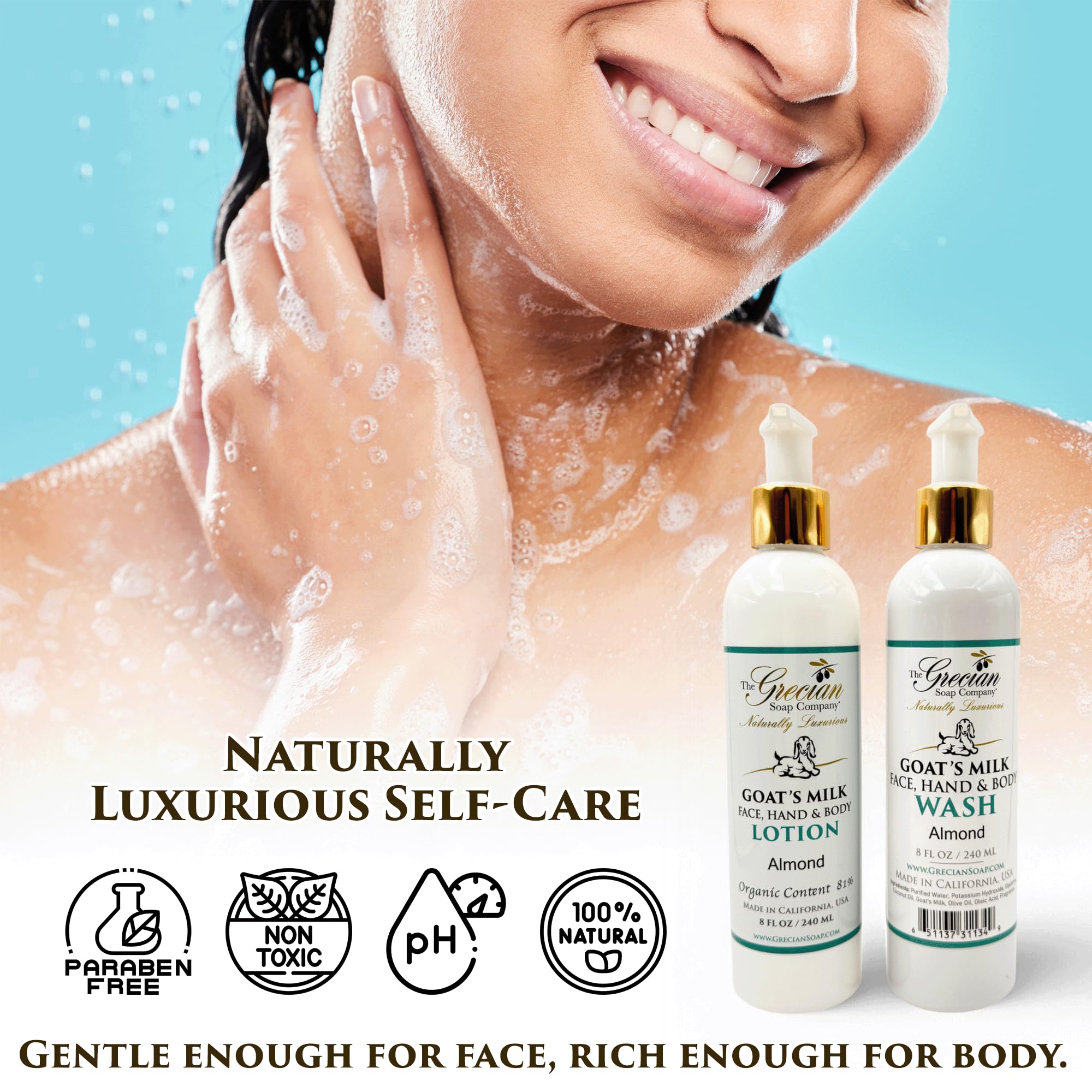 Goat milk lotion almond pump for convenient, mess-free daily use (The Grecian Soap Company).