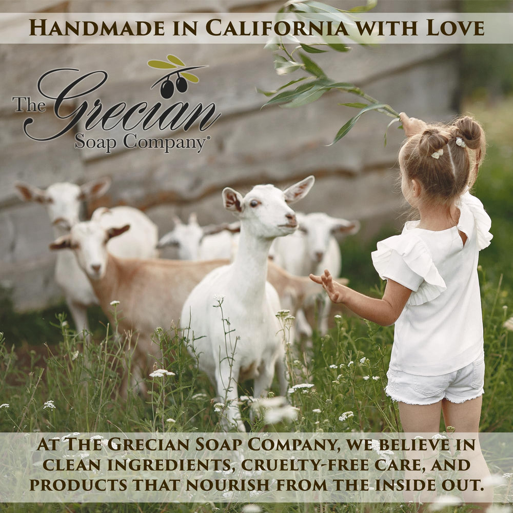 The Grecian Soap Company goat milk lotion being applied to hands for smooth skin.