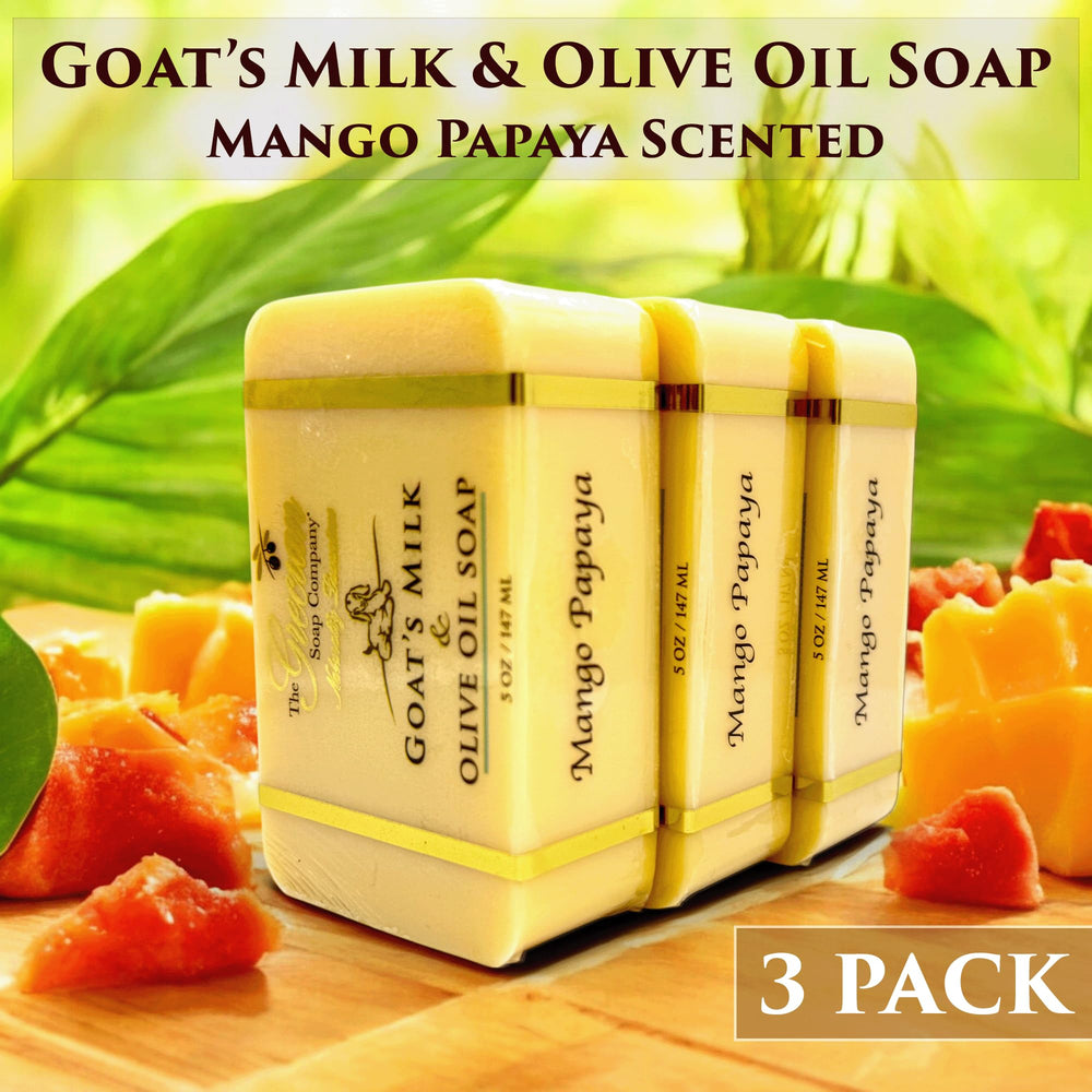 The Grecian Soap Company Mango Papaya bar shows a hydrating, creamy formula for skin