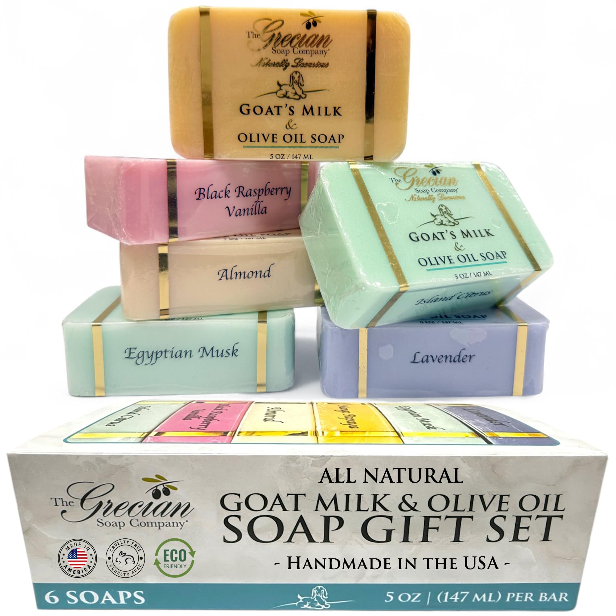 The Grecian Soap Company goat milk and olive oil bar soap six-pack laid out for nourishing bath