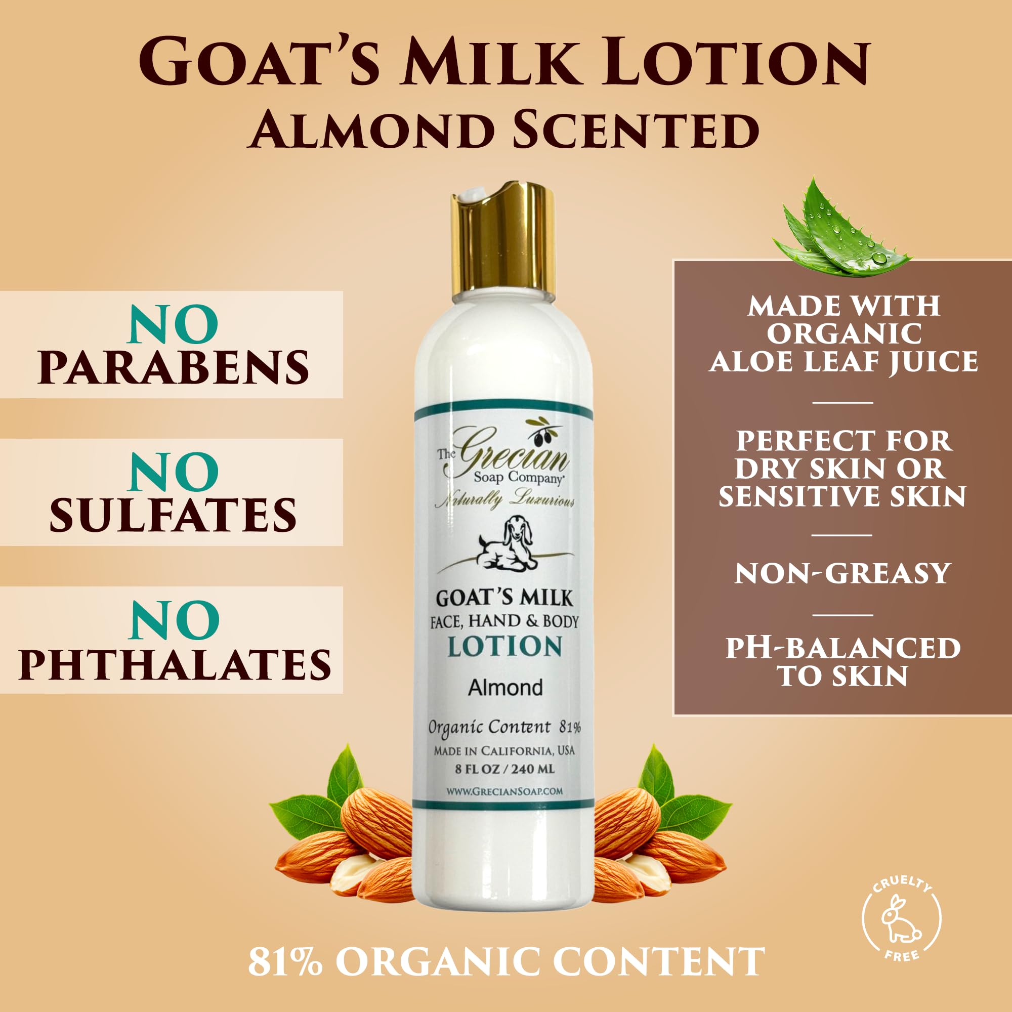The Grecian Soap Company organic aloe juice formula, hydrating skin.