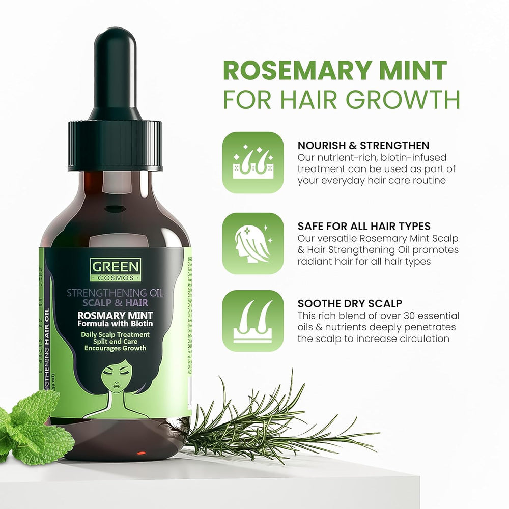 Green Cosmos Rosemary Oil circulation boost closeup on scalp