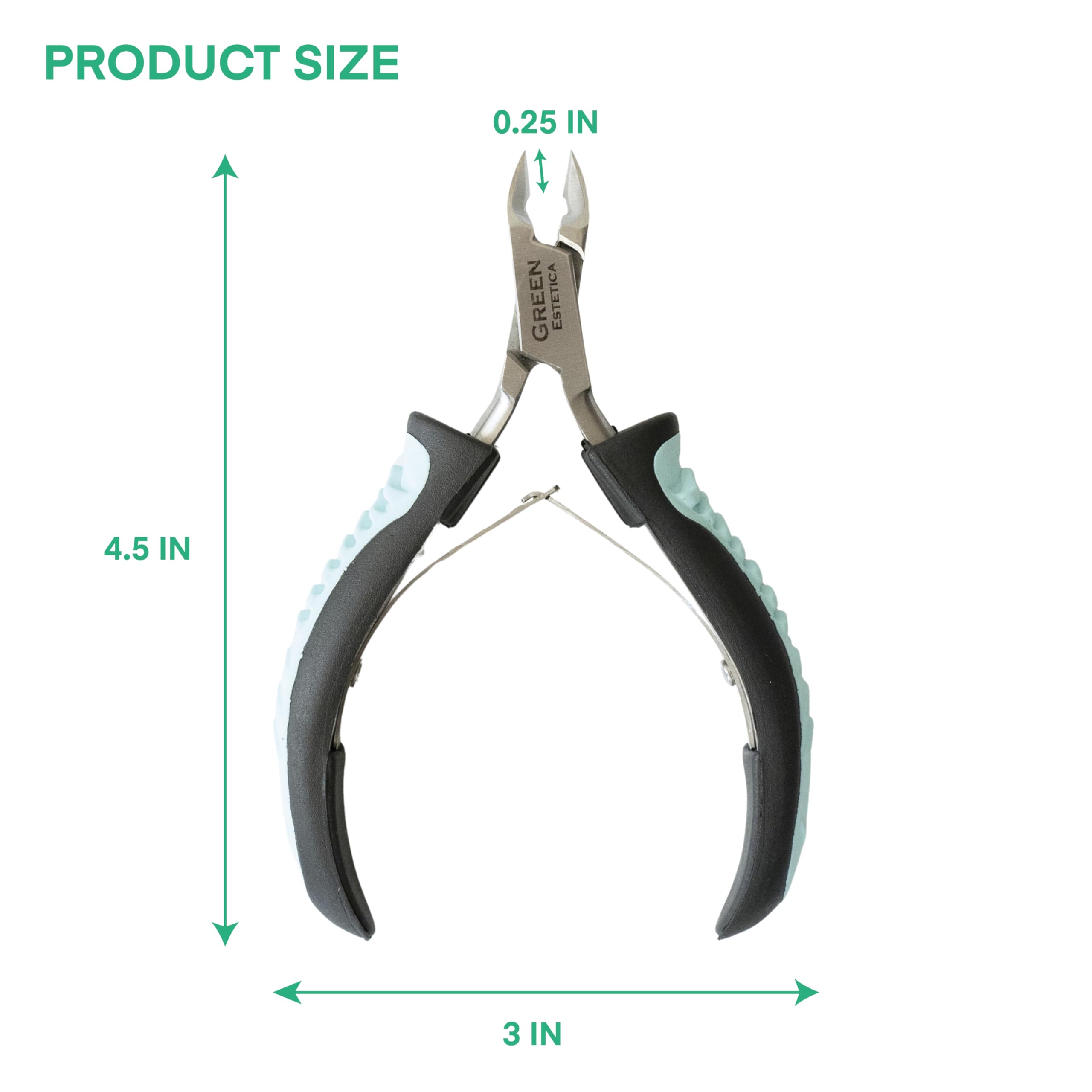 Green Estetica ergonomic handle design enhances grip during nail care.