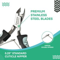 Green Estetica stainless steel cuticle nipper close-up of sharp blades.