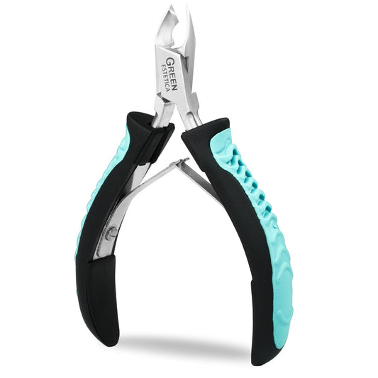 Green Estetica cuticle trimmer with non-slip grip front view for precise control.