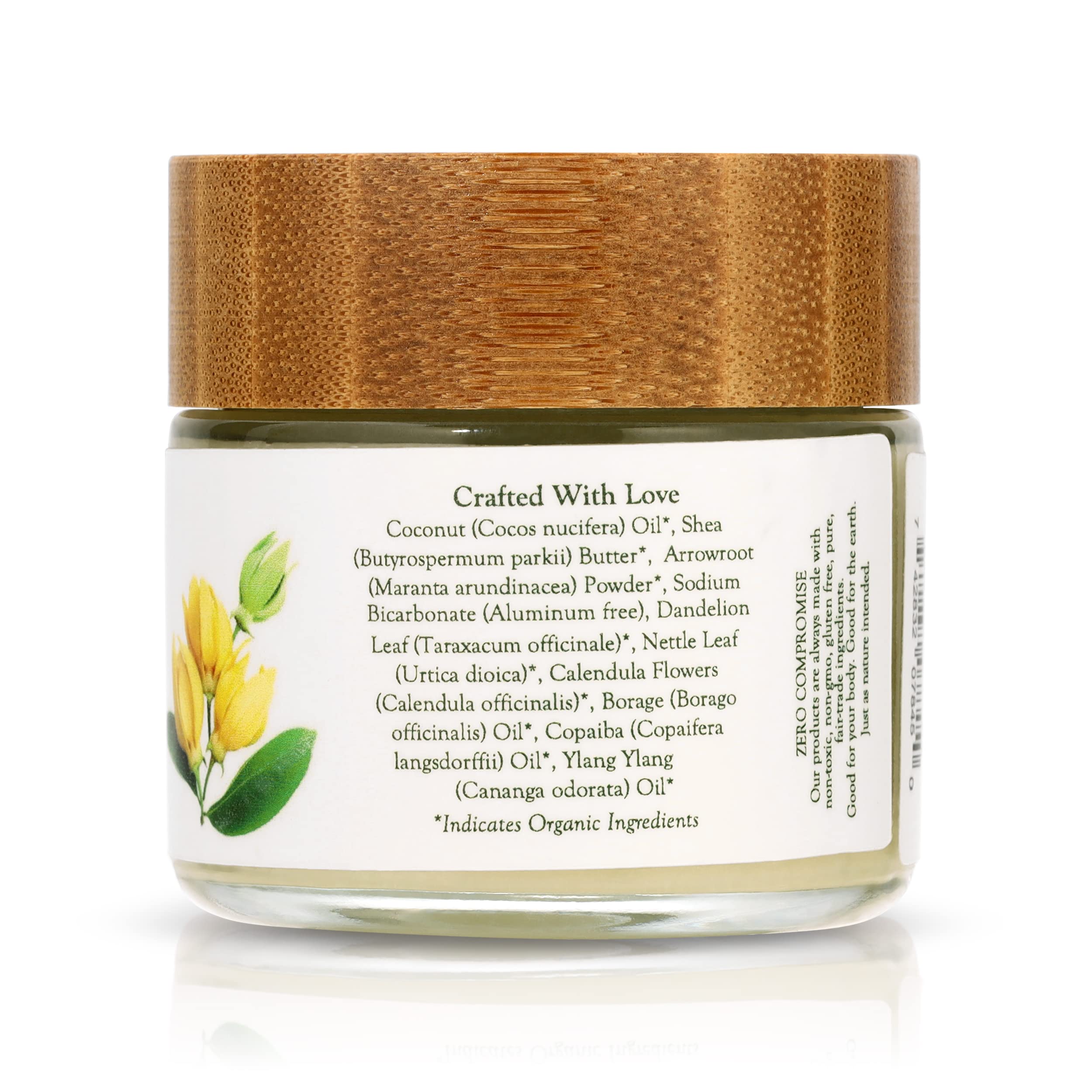 Green Forest Lady deodorant bottle close-up shows copaiba and ylang ylang for soothing, natural scent