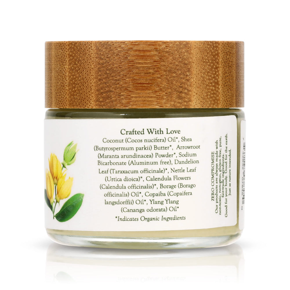 Green Forest Lady deodorant bottle close-up shows copaiba and ylang ylang for soothing, natural scent