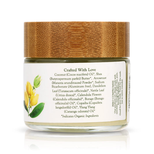 Green Forest Lady deodorant bottle close-up shows copaiba and ylang ylang for soothing, natural scent