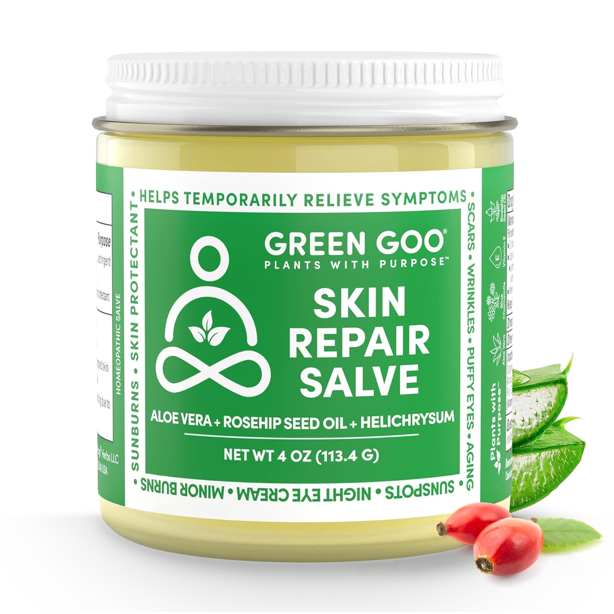 Green Goo blue yarrow plant highlights gentle relief for minor irritations.