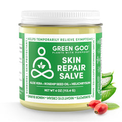 Green Goo blue yarrow plant highlights gentle relief for minor irritations.